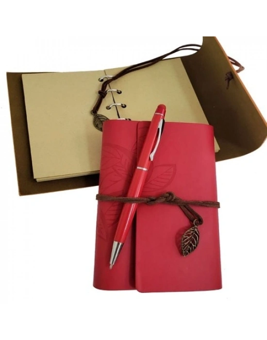 Özel Ahşap Kutulu Kırmızı Deri Defter ve Kalem Set