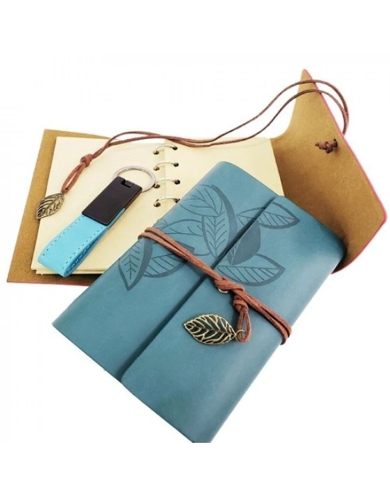 Özel Ahşap Kutulu Mavi Deri Defter ve Anahtarlık Set