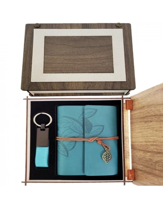 Özel Ahşap Kutulu Mavi Deri Defter ve Anahtarlık Set