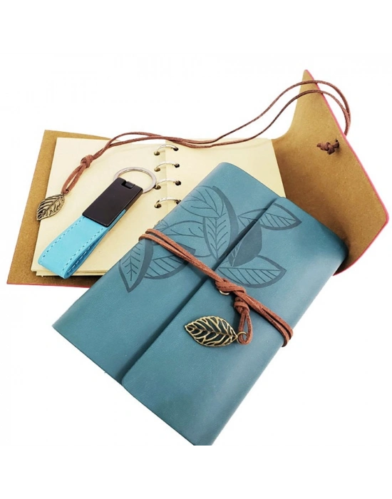 Özel Ahşap Kutulu Mavi Deri Defter ve Anahtarlık Seti