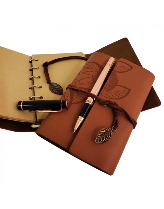 Özel Ahşap Kutulu Taba Deri Defter Ve Bakır Roller Kalem Set