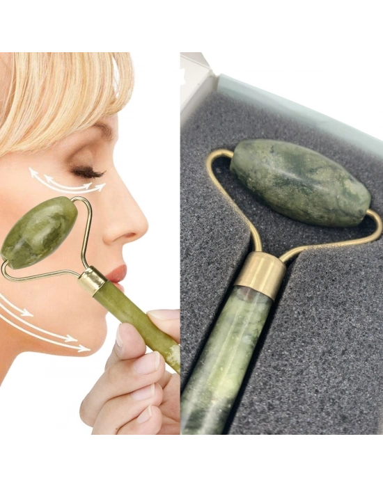®  Özel Süngerli Kutusunda Kırılmaz Çift Taraflı 2li Cilt Yüz Masaj Aleti Jade Roller Yeşim Taş