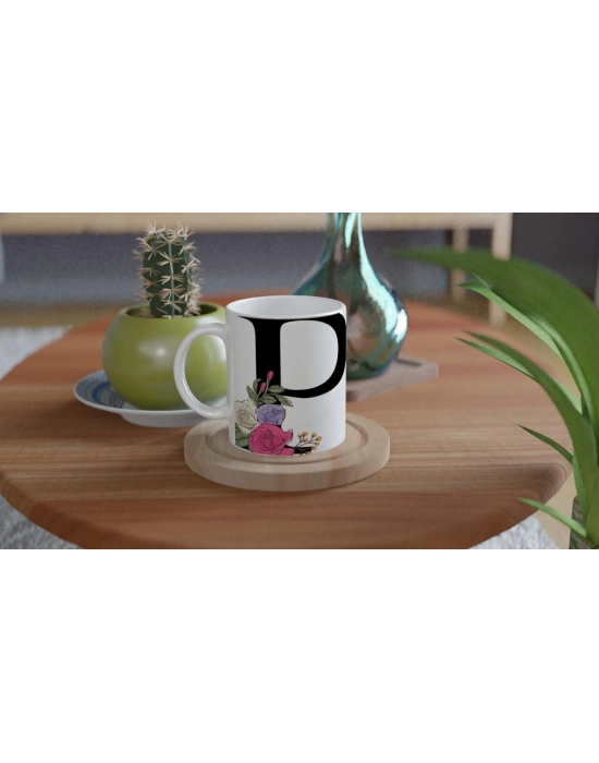 P Harfi Çiçek Süslemeli Harfli Kupa Bardak