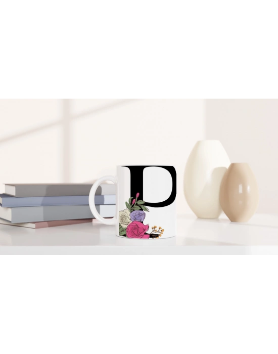 P Harfi Çiçek Süslemeli Harfli Kupa Bardak