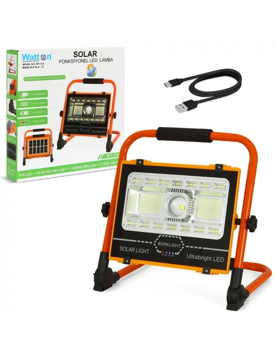 P70 Led Solar Panel Şarjlı Taşınabilir Projektör 176 Smd + Yan Led Wt-734