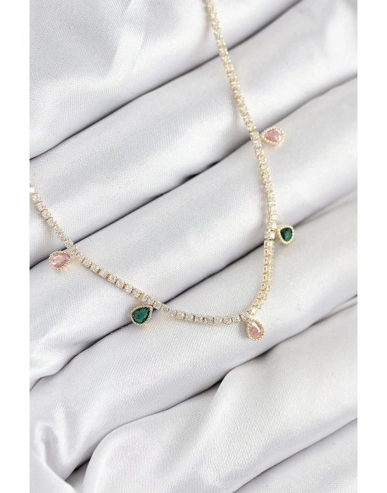 Pirinç Zirkon Taşlı Su Yolu Damla Model Gold Renk Kadın Kolye