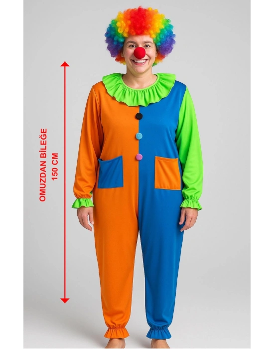 Palyaço Kostüm Seti 150 cm (Peruk + Burun + Kostüm)
