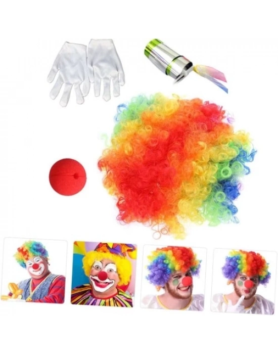Palyaço Saç, Burun, Eldiven, Baston Seti 4lü