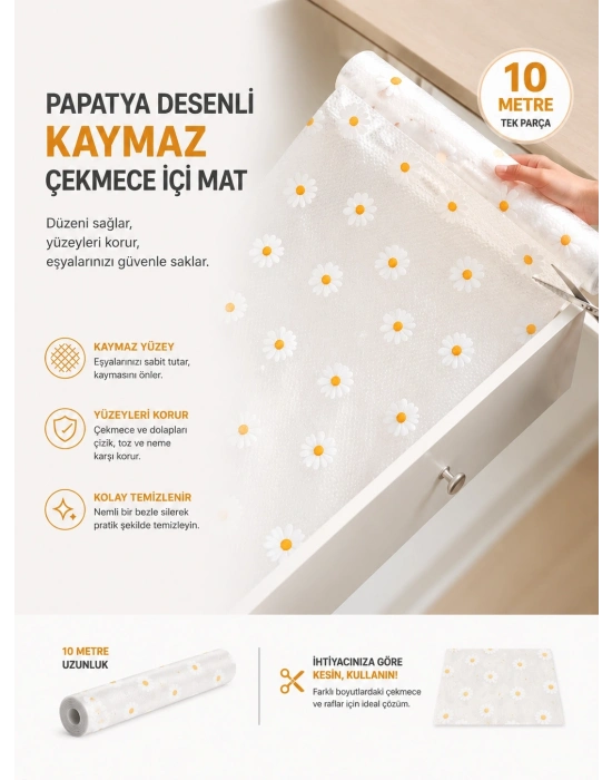Papatya Desenli Kaymaz Dolap Ve Çekmece İçi Mat 10 Metre