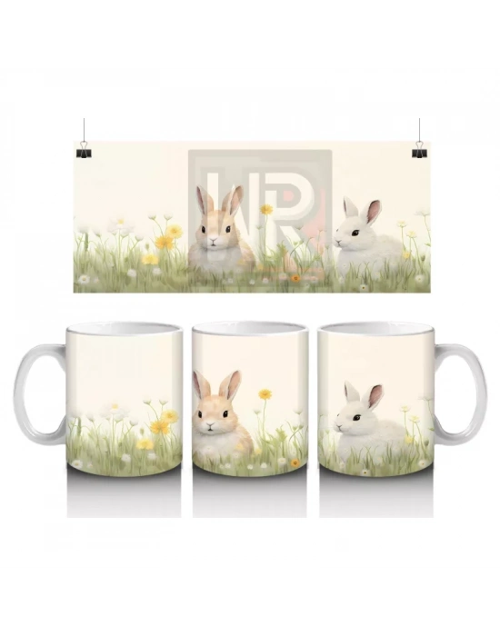 Papatya Tarlasında İkiz Tavşanlar – Bahar Temalı Kupa Bardak