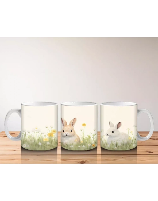 Papatya Tarlasında İkiz Tavşanlar – Bahar Temalı Kupa Bardak