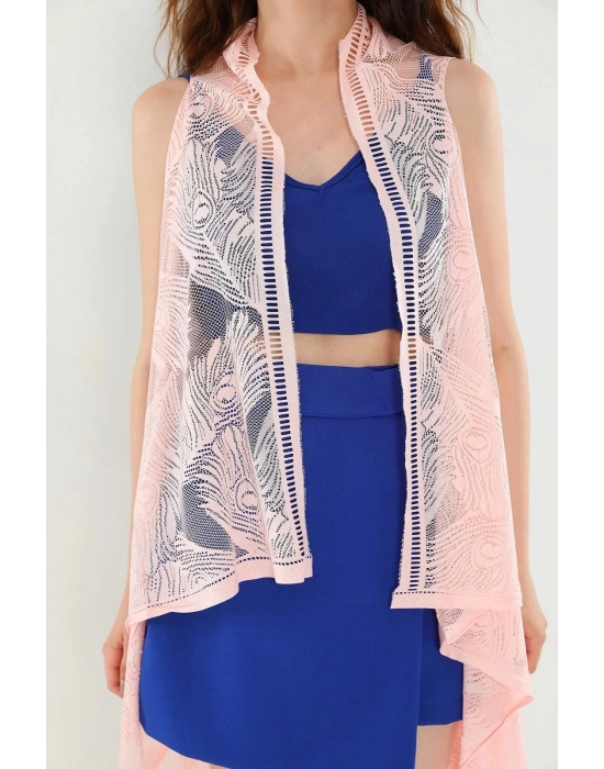 Pareo Dantel Yelek Mayo Bikini Üzeri Yaprak Desenli Püsküllü Plaj Elbisesi - Açık Pembe