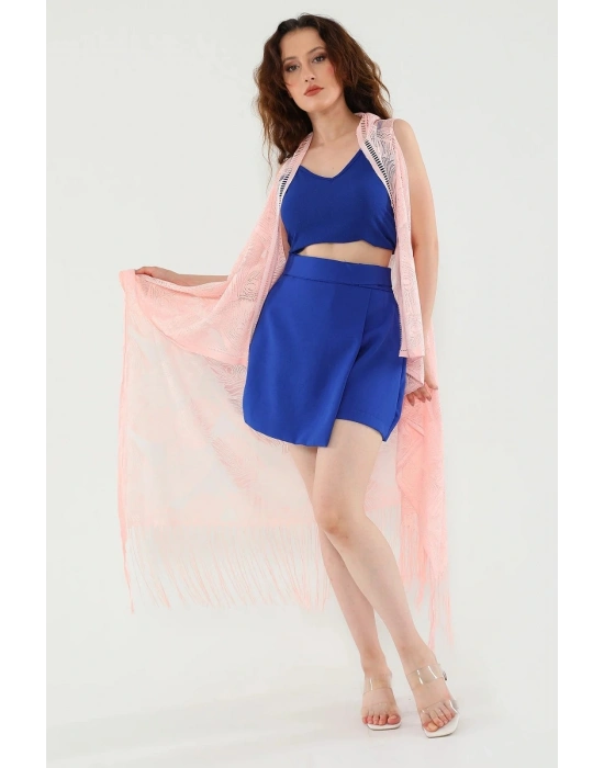 Pareo Dantel Yelek Mayo Bikini Üzeri Yaprak Desenli Püsküllü Plaj Elbisesi - Açık Pembe