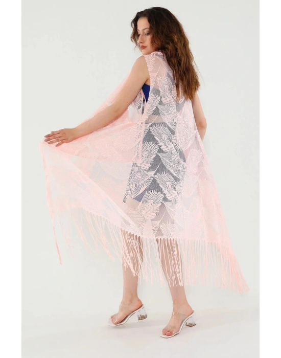 Pareo Dantel Yelek Mayo Bikini Üzeri Yaprak Desenli Püsküllü Plaj Elbisesi - Açık Pembe