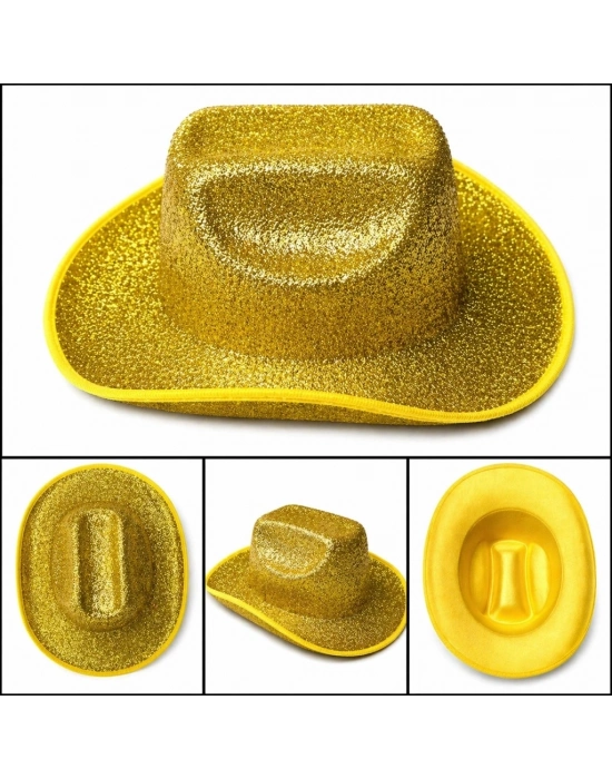 Parlak Altın Gold Kovboy Şapka Kadın Erkek Parti Disco Festival Şapkası