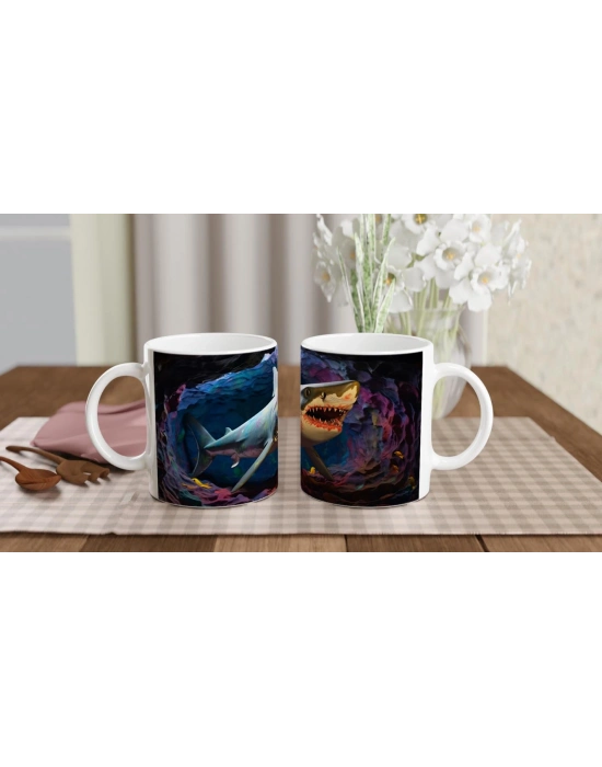 Parlak Desenli Köpekbalığı ve Derin Mağara Su Altı Temalı Kupa Bardak