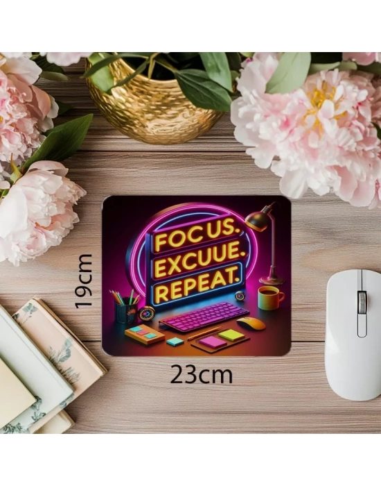 Parlak Desenli Ofis Mousepad – Focus Repeat Sloganlı - 19x23 cm 2 mm Dikdörtgen İthal Baskılı Mouse Pad