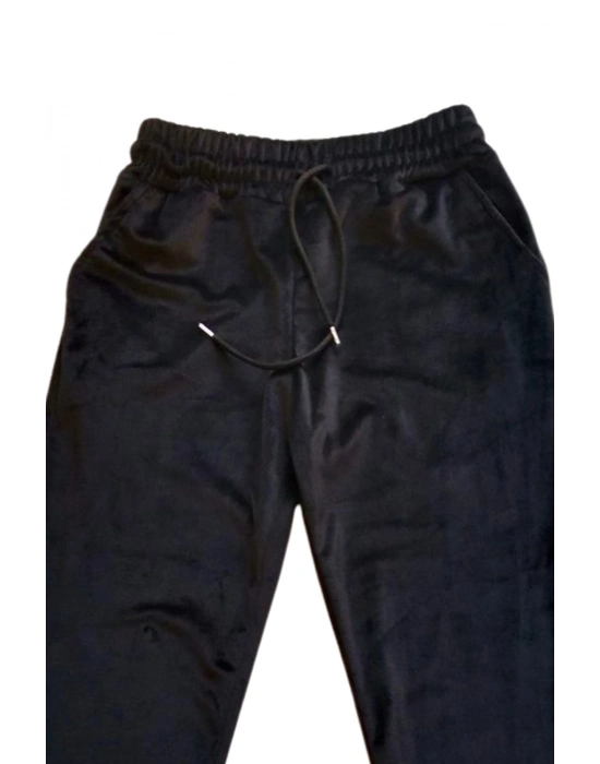 Parlak Kadife Cepli Pantolon Eşofman Pijama Altı Unisex Lastikli Paça Siyah