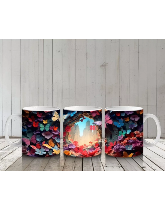 Parlak Kalpli Tünelde Pembe Kelebek – Baskılı Kupa