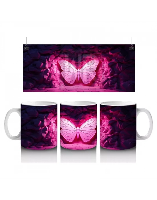 Parlak Pembe Işıltılarla Vurgulanmış Kelebek – Baskılı Kahve Kupası