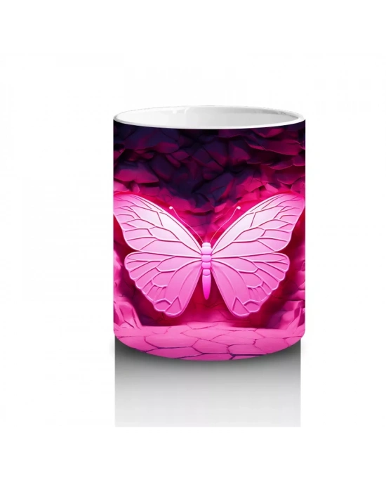 Parlak Pembe Işıltılarla Vurgulanmış Kelebek – Baskılı Kahve Kupası