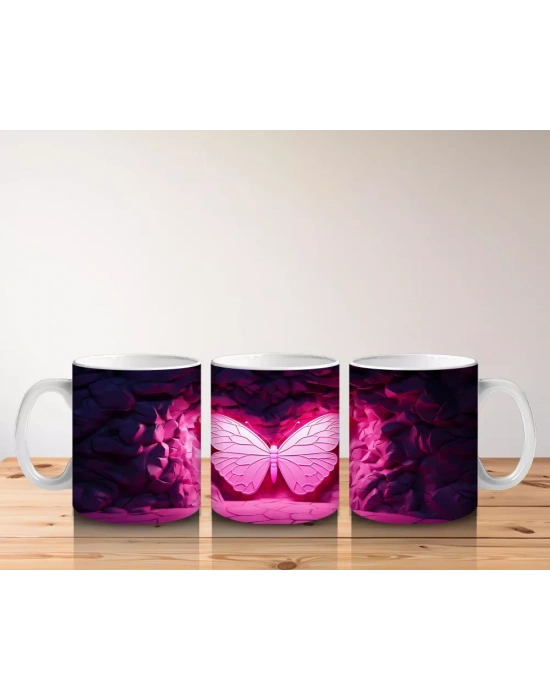 Parlak Pembe Işıltılarla Vurgulanmış Kelebek – Baskılı Kahve Kupası