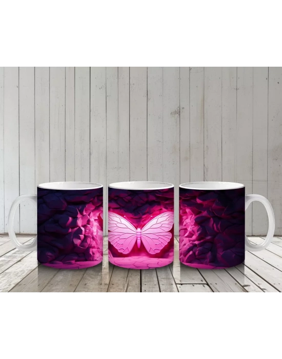 Parlak Pembe Işıltılarla Vurgulanmış Kelebek – Baskılı Kahve Kupası
