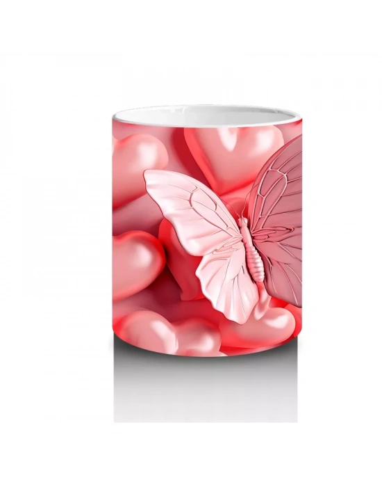 Parlak Pembe Kalplerle Süslenmiş Pembe Kelebek – Baskılı Kahve Kupası