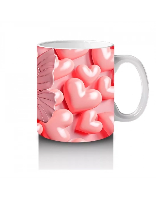 Parlak Pembe Kalplerle Süslenmiş Pembe Kelebek – Baskılı Kahve Kupası