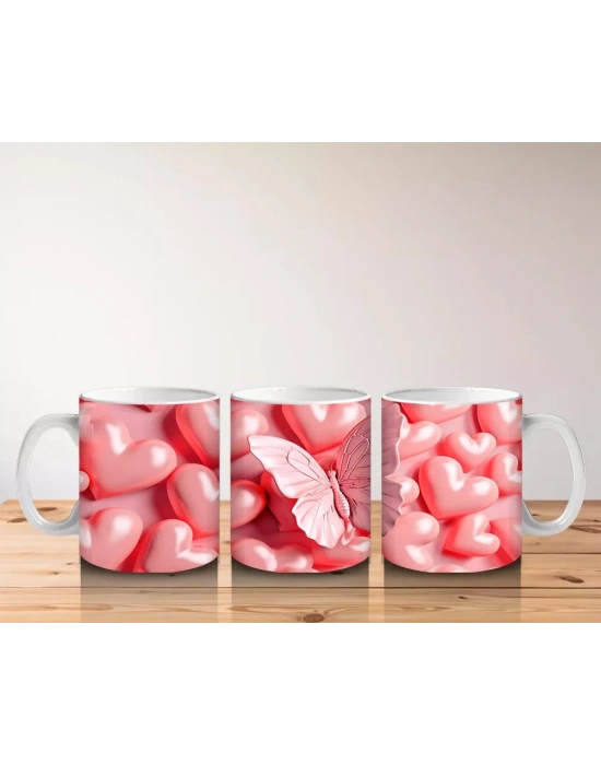 Parlak Pembe Kalplerle Süslenmiş Pembe Kelebek – Baskılı Kahve Kupası