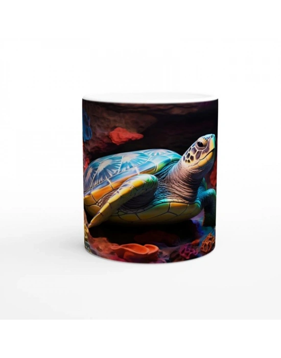 Parlak Renkli Mercan Kayalıklarında Dinlenen Kaplumbağalı Kupa Bardak