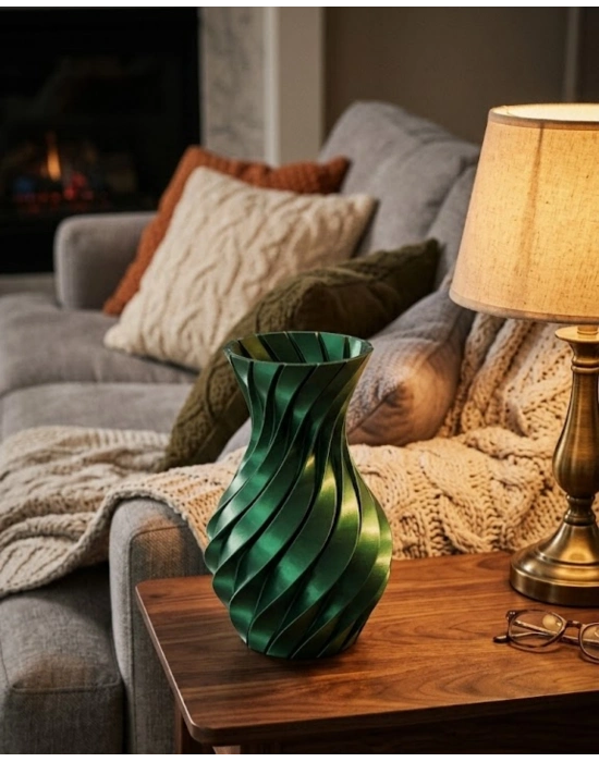 Parlak Yeşil Spiral 3D Baskı Vazo Şık Modern Dekoratif Obje