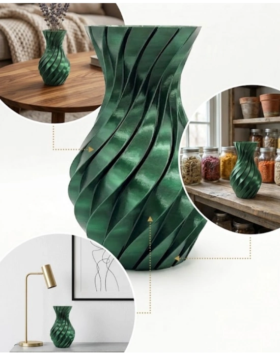 Parlak Yeşil Spiral 3D Baskı Vazo Şık Modern Dekoratif Obje