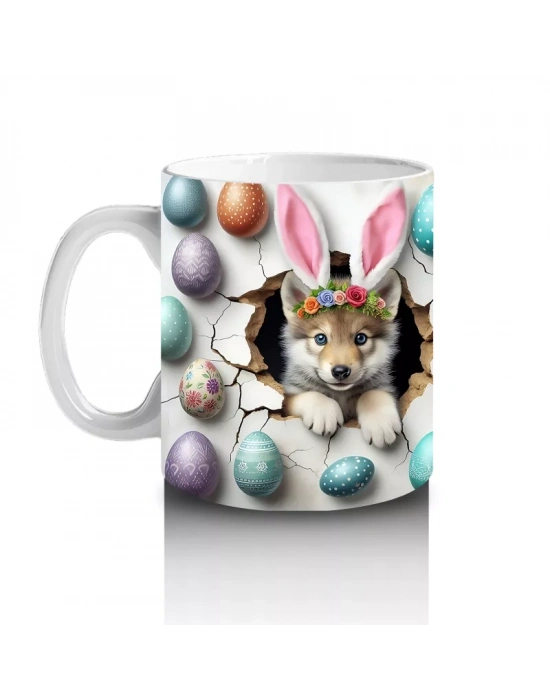 Paskalya Yumurtaları Arasında Sevimli Tavşanlar – Baskılı Kahve Kupası