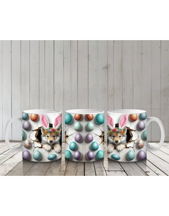 Paskalya Yumurtaları Arasında Sevimli Tavşanlar – Baskılı Kahve Kupası