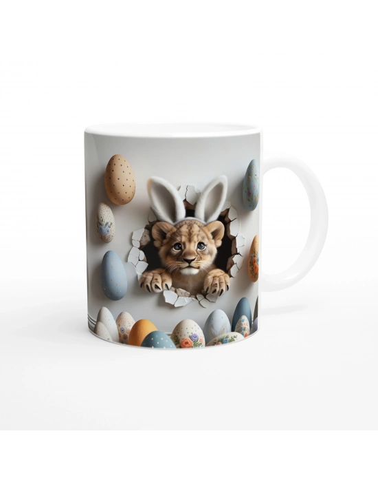 Paskalya Yumurtaları Arasında Tavşan Kulaklı Aslan Yavrusu Temalı Baskılı Kupa Bardak