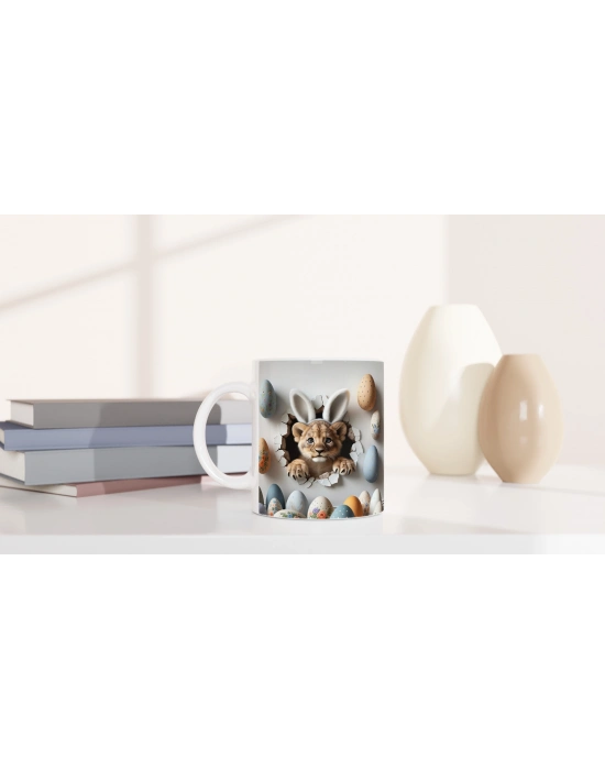 Paskalya Yumurtaları Arasında Tavşan Kulaklı Aslan Yavrusu Temalı Baskılı Kupa Bardak