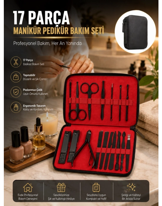 Paslanmaz Çelik 17 Parça Manikür Pedikür Seti ve Taşınabilir Şık Çanta