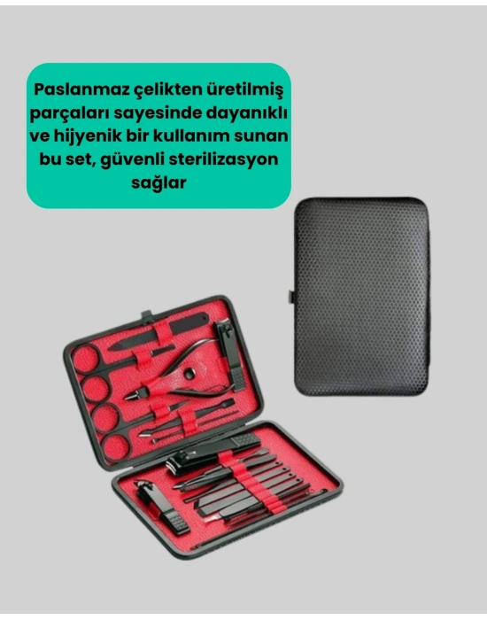 Paslanmaz Çelik 17 Parça Manikür Pedikür Seti ve Taşınabilir Şık Çanta