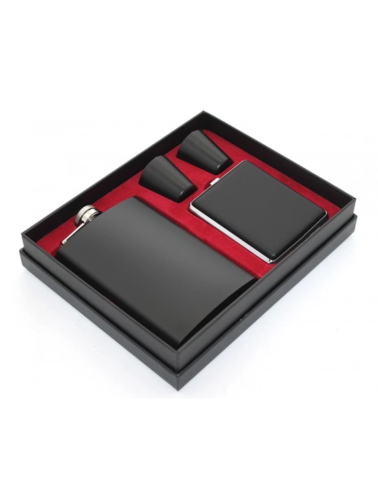 Paslanmaz Çelik 2 Shot Bardak Ve Sigara Tabakalı Matara Seti