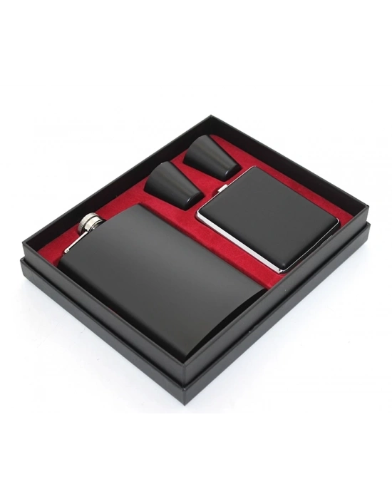 Paslanmaz Çelik 2 Shot Bardak Ve  Tabakalı Matara Seti Alk2670