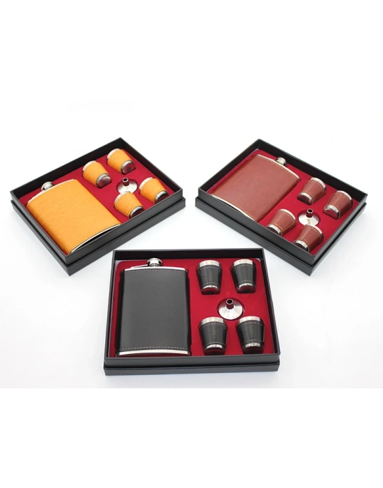 Paslanmaz Çelik 4 Shot Bardaklı Derili Matara Seti Model 1