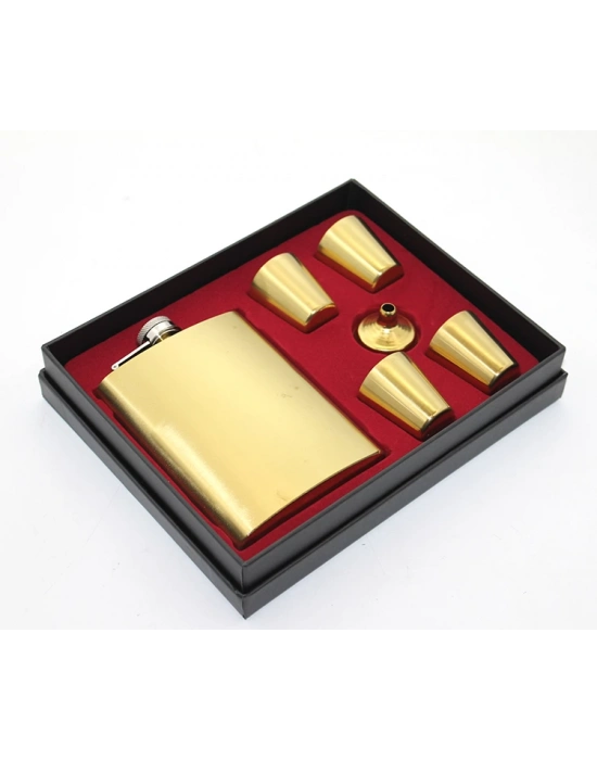 Paslanmaz Çelik 4 Shot Bardaklı Matara Seti Gold