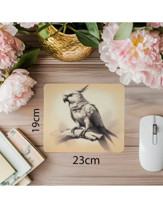 Pastel Arka Planlı Parrot Çizimli Mouse Pad - 19x23 cm 2 mm Dikdörtgen İthal Baskılı Mouse Pad