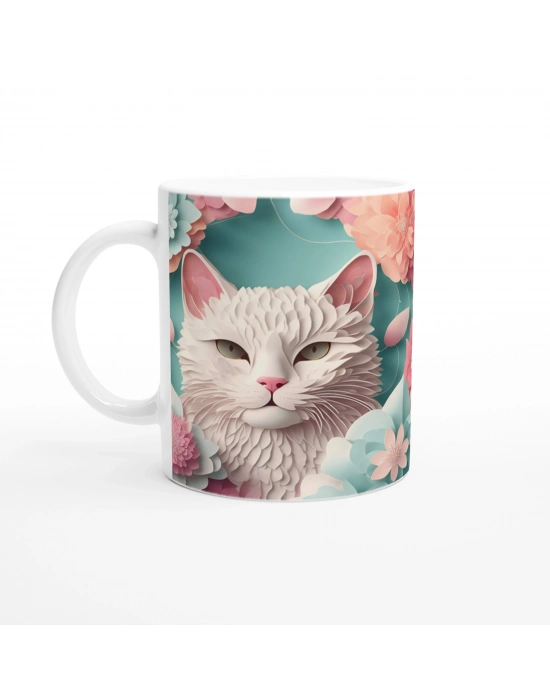 Pastel Çiçekler Arasında Bembeyaz Kedi Baskılı Kupa Bardak