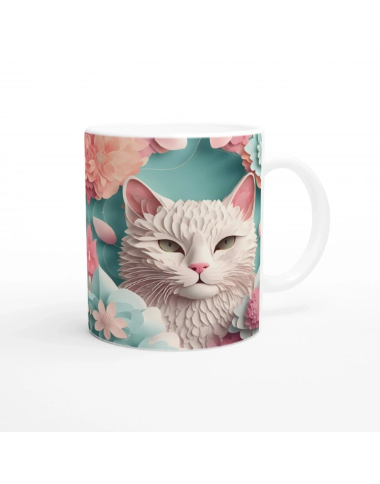 Pastel Çiçekler Arasında Bembeyaz Kedi Baskılı Kupa Bardak