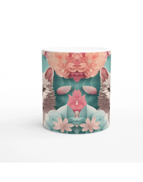 Pastel Çiçekler Arasında Bembeyaz Kedi Baskılı Kupa Bardak