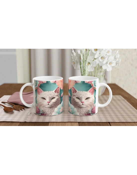 Pastel Çiçekler Arasında Bembeyaz Kedi Baskılı Kupa Bardak