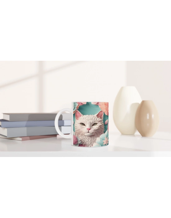 Pastel Çiçekler Arasında Bembeyaz Kedi Baskılı Kupa Bardak