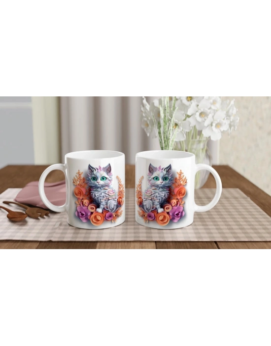 Pastel Çiçekli Tatlı Kedi Kupa Bardak